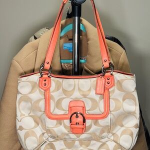 Coach Signature Canvas Tote Bag – Beige & Coral Leather Trim Shoulder Bag